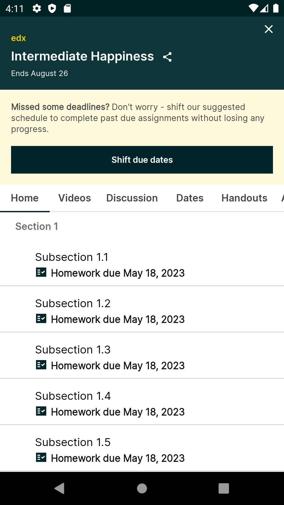 screenshot of Android banner for shifting due dates