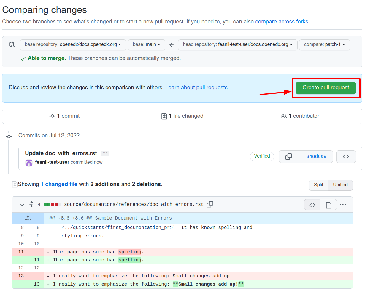 A screenshot of the github page comparing changes with the "Create pull request" button highlighted.