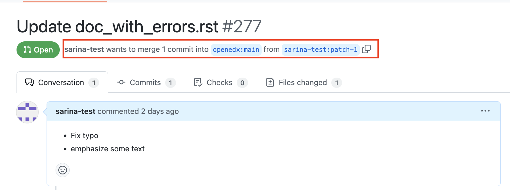 A screenshot of the GitHub UI, highlighting the "wants to merge" text