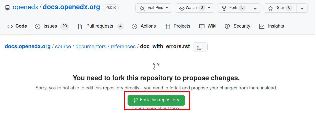 A screenshot of the github page for forking a repository. With the "Fork this Repository" button highlighted.