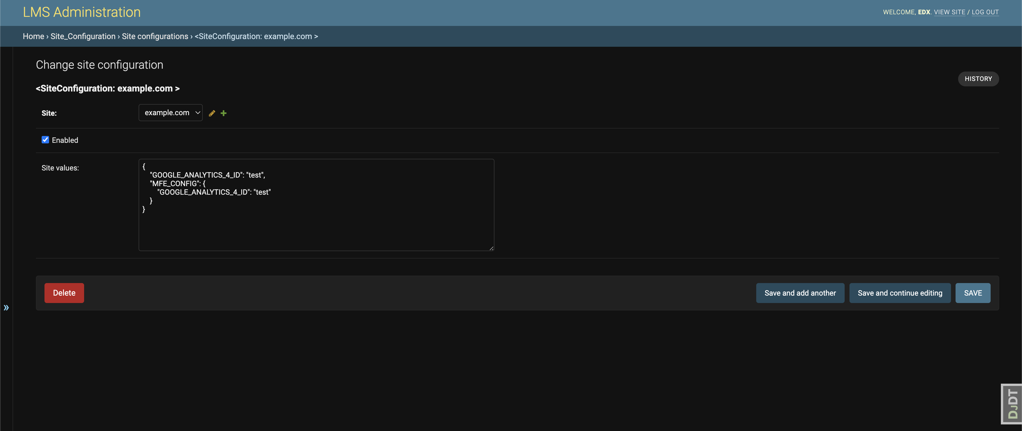 A screenshot of the LMS Django Admin interface showing where to place the configuration snippet.