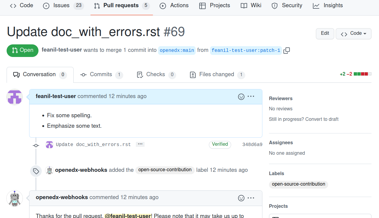 A screenshot of a submitted github PR.