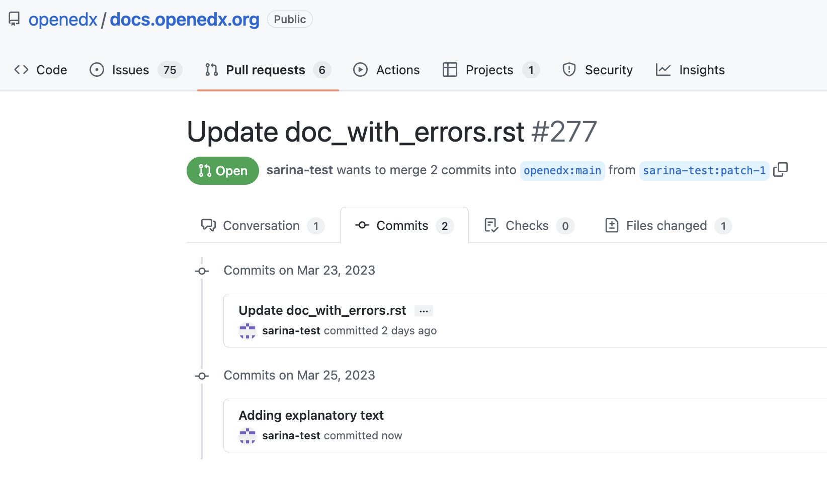 A screenshot of the GitHub UI showing a newly-made commit on a pull request