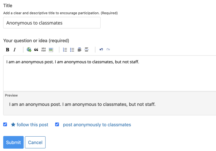 A screenshot of a learner posting an anonymous discussion forum message
