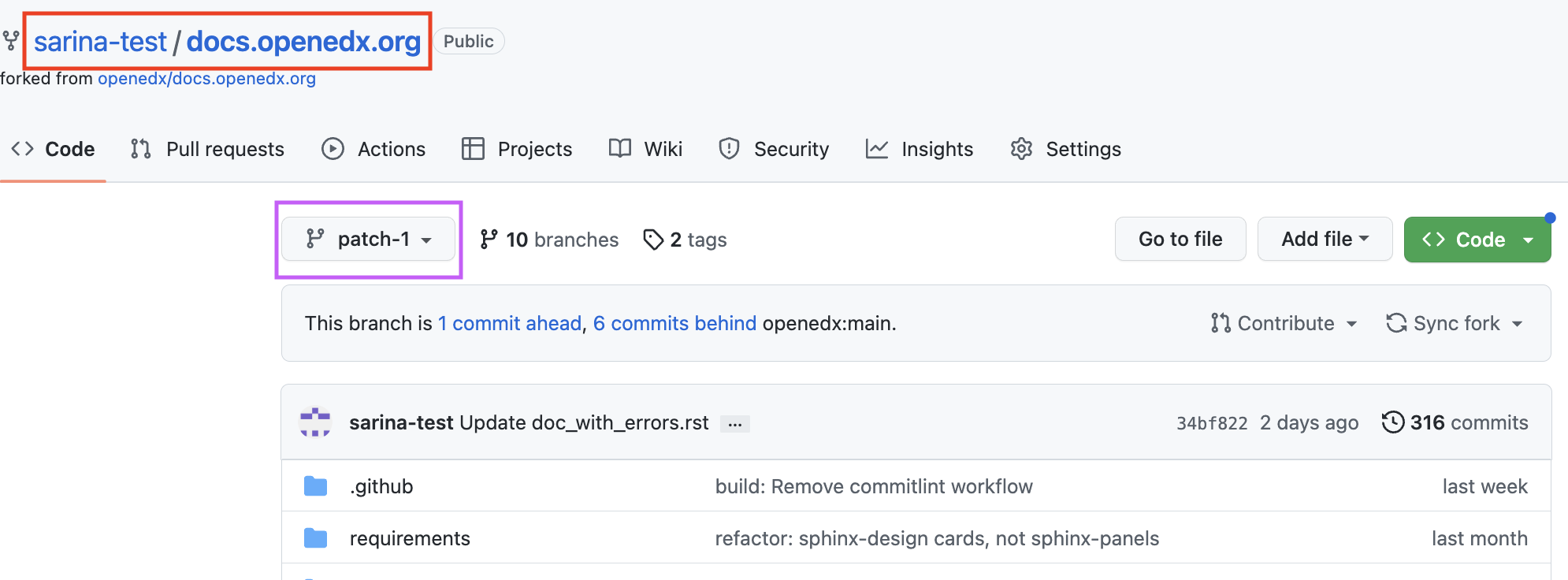 A screenshot of the GitHub UI, highlighting the ways to tell you're on your branch