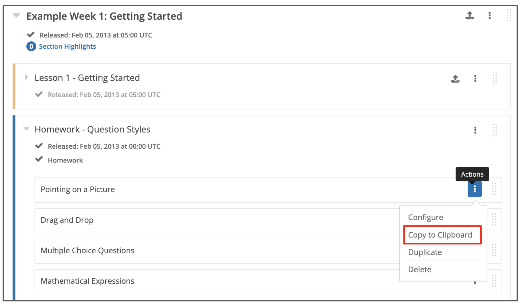 The "Copy to Clipboard" button is shown from the hamburger menu on a Unit