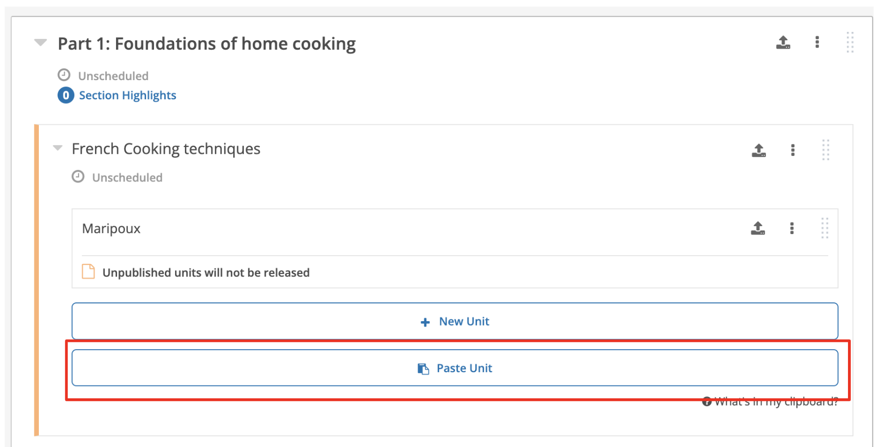 The paste button appears in the outline page within a subsection, below the "New Unit" button