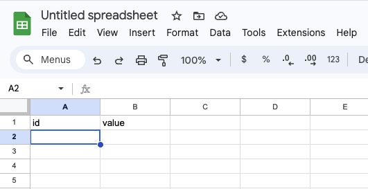 Screenshot showing new blank spreadsheet with one row and two columns, the first column called id and the second called value.