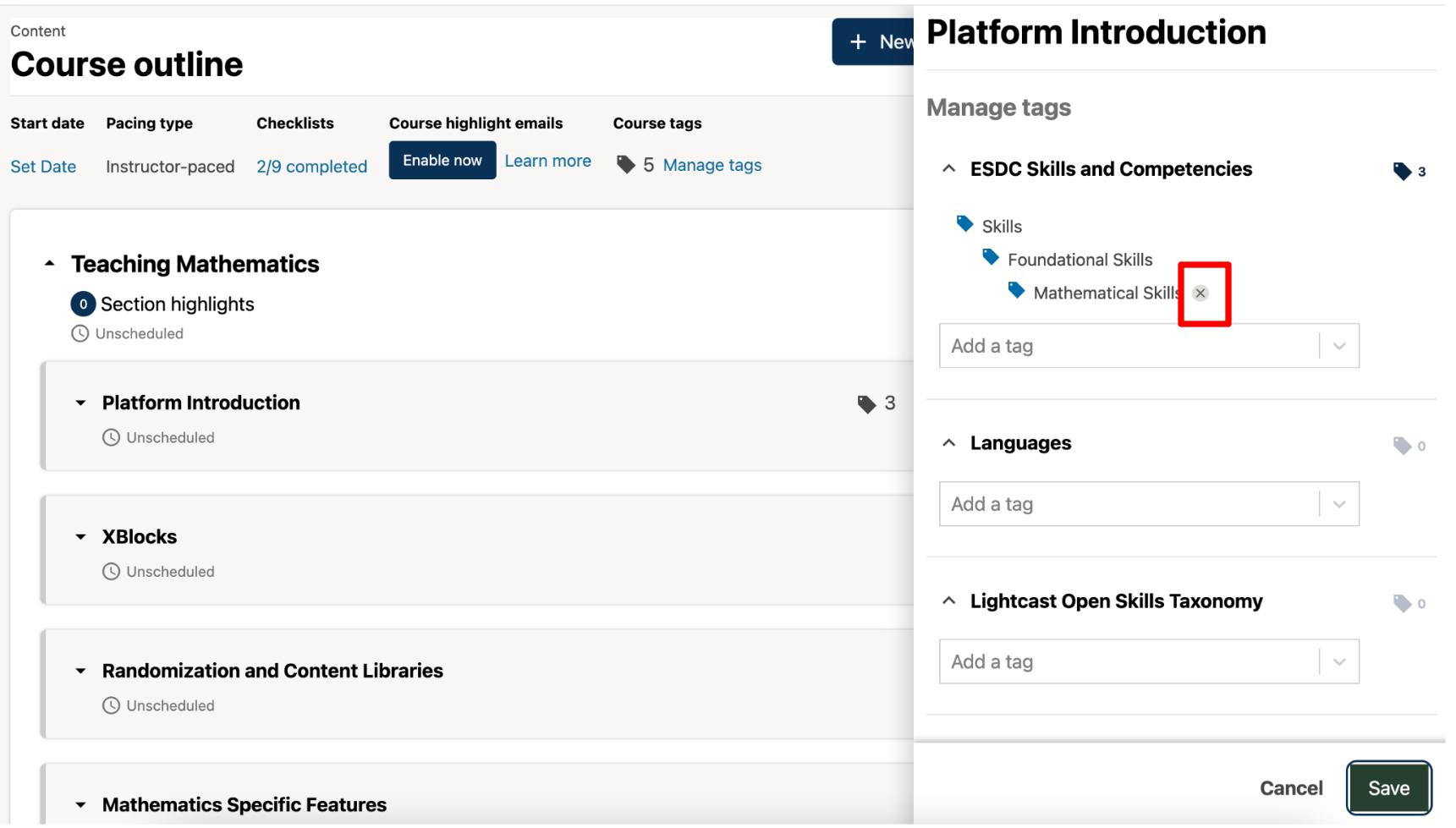 Screenshot of x button next to tag.