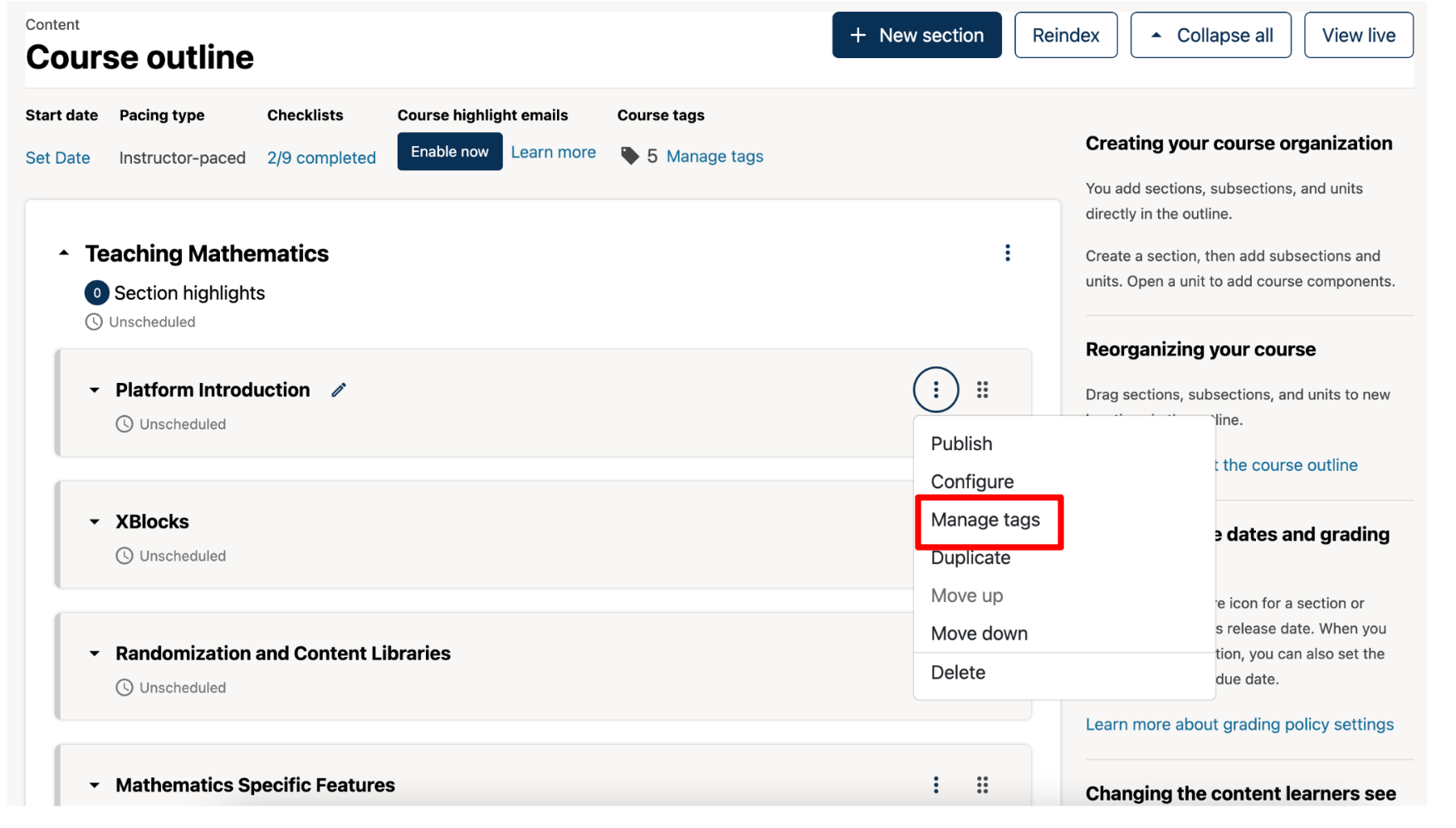Screenshot of clicking Manage tags from the hamburger menu.