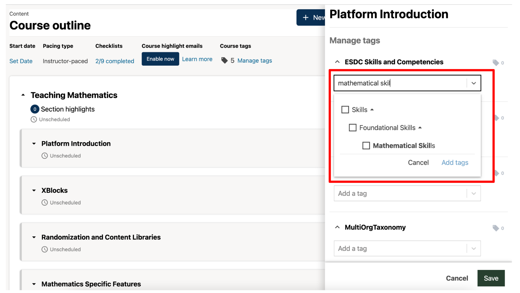 Screenshot of field matches displaying beneath the Add a tag field.