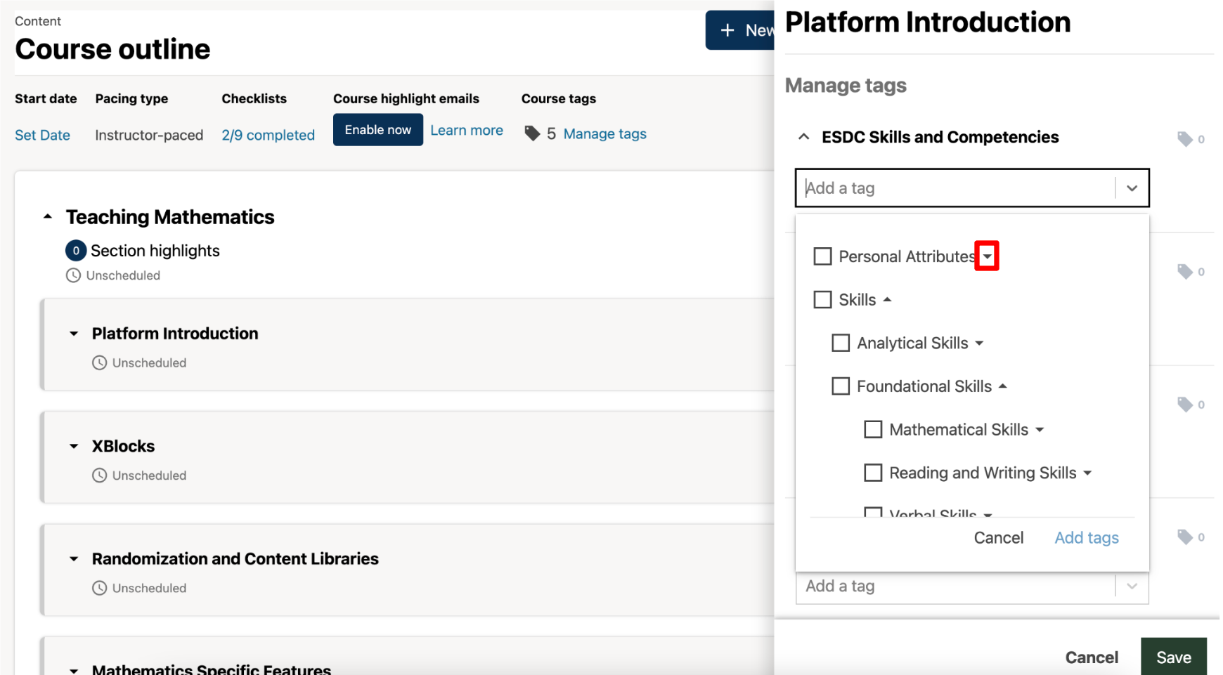 Screenshot of arrows next to tags with nested subtags.