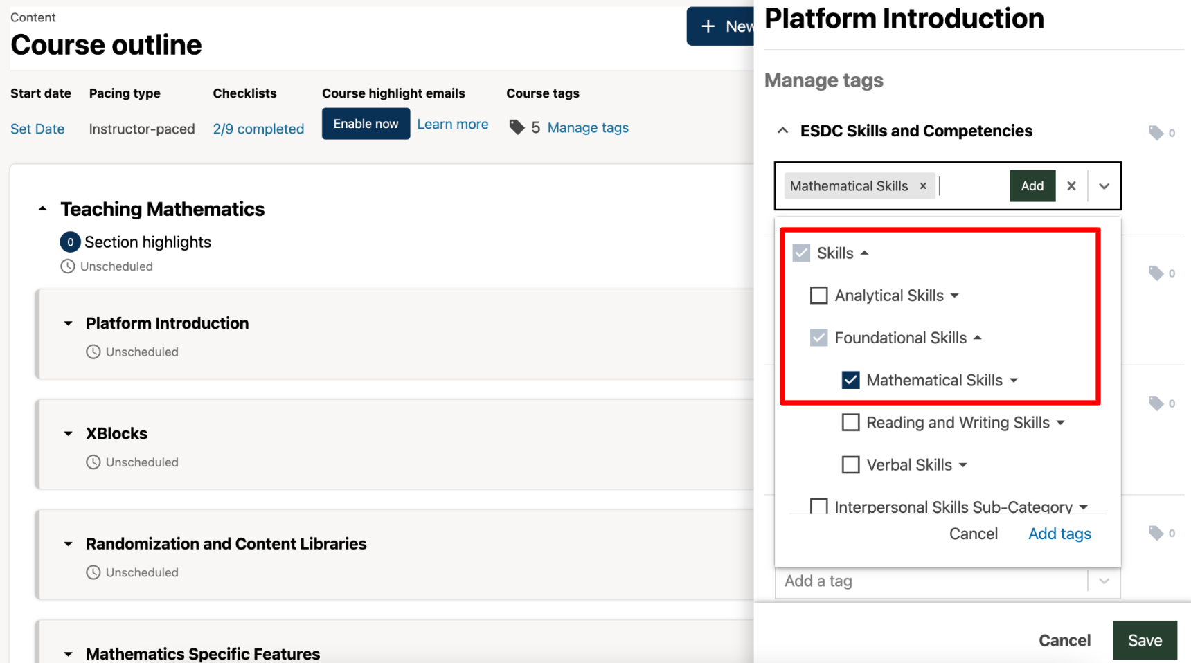 Screenshot of parent tags being automatically added.