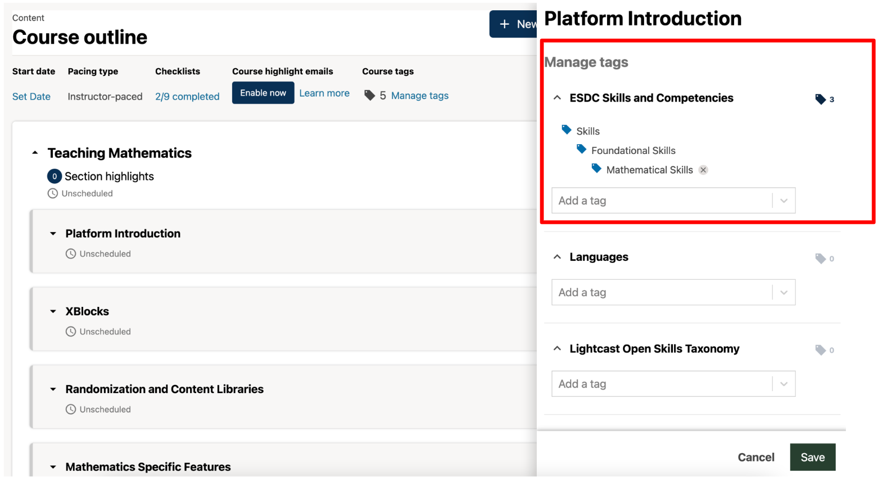 Screenshot of added tags in the tag drawer.