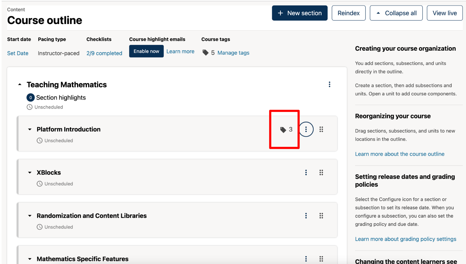 Screenshot of the tag count under the Course tags field.