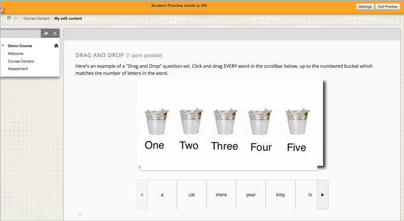An Open edX drag and drop problem shown as part of a course running on a Blackboard system.