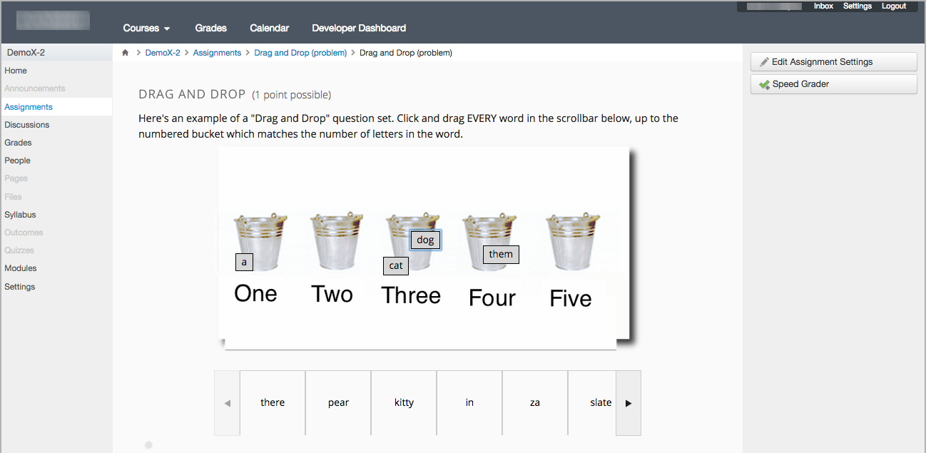An Open edX drag and drop problem shown as part of a course running on a Canvas system.