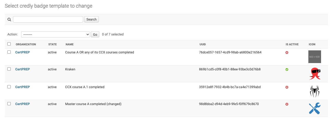 Credly badge templates admin list showing the template records available after a successful sync.