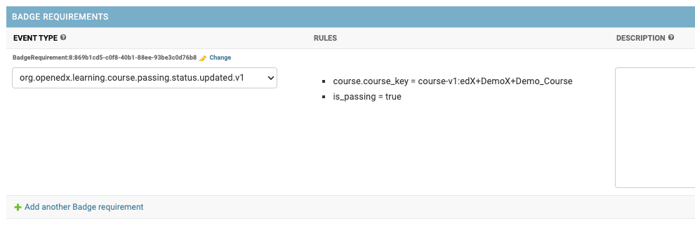Badge requirement detail form opened from the inline Change link, showing where Data Rules are configured for that requirement.