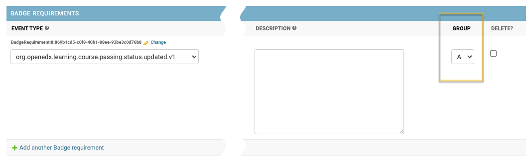 Badge requirement form showing the Group field.