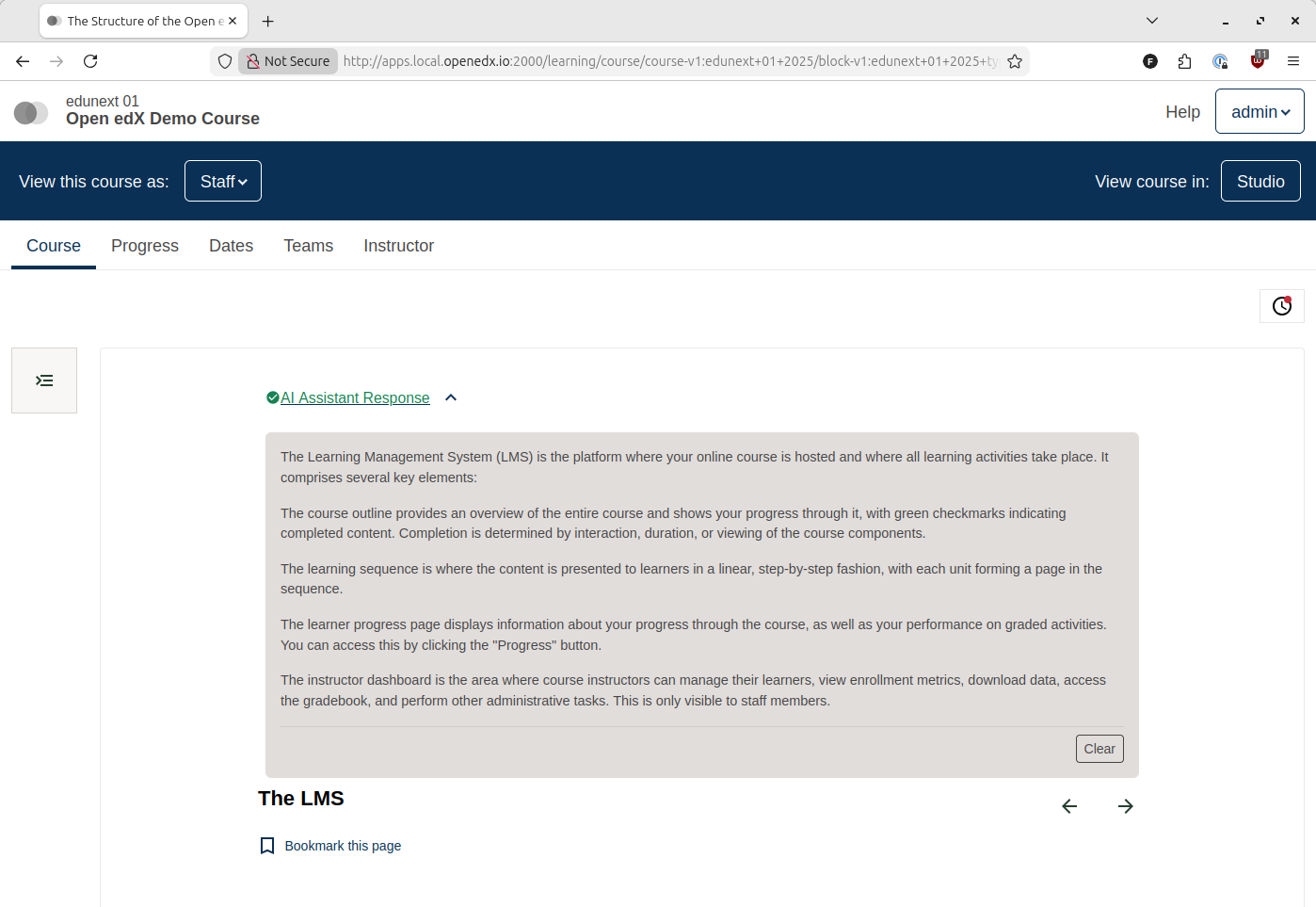 Response of the summary workflow in LMS