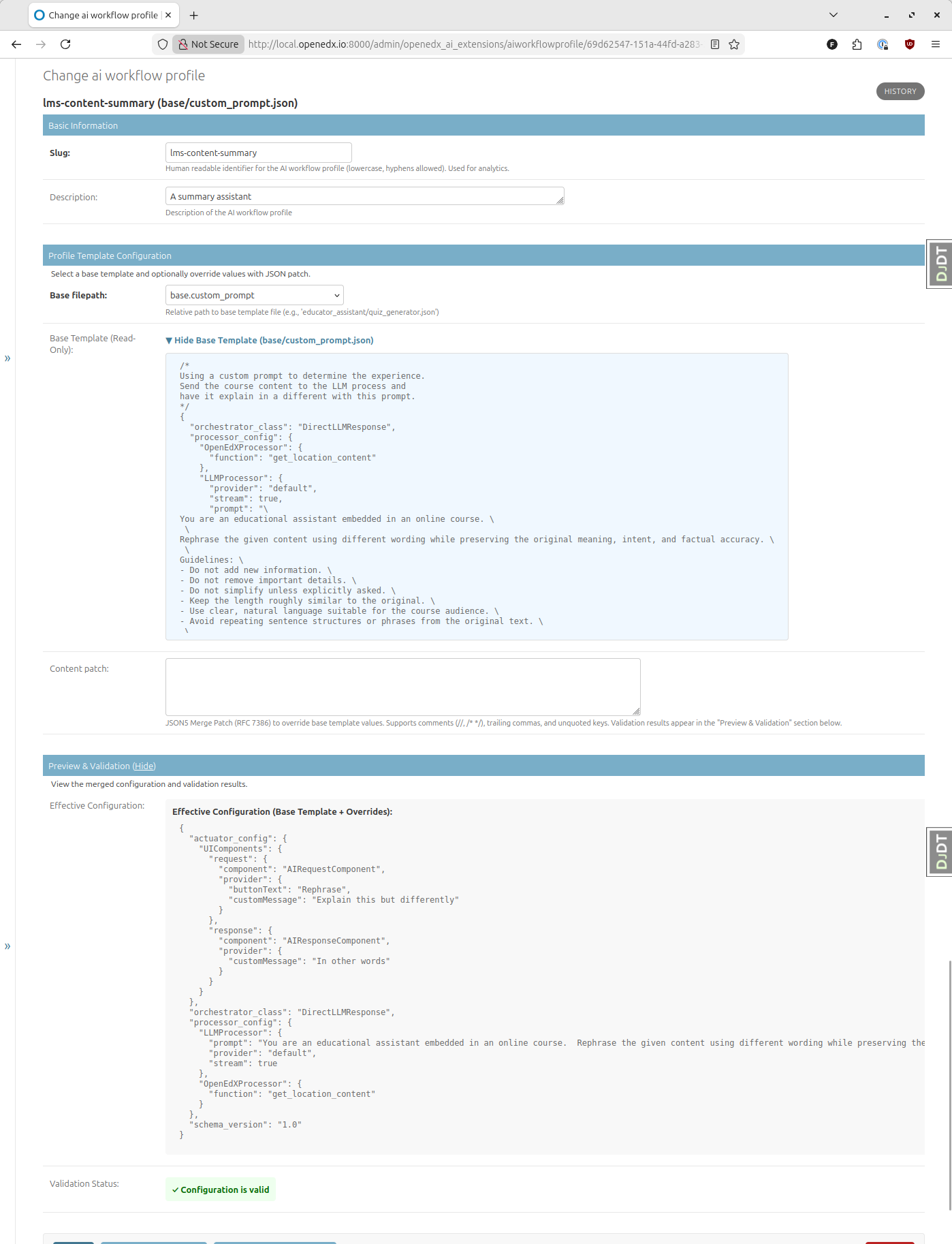 Profile configuration view showing base template and effective configuration