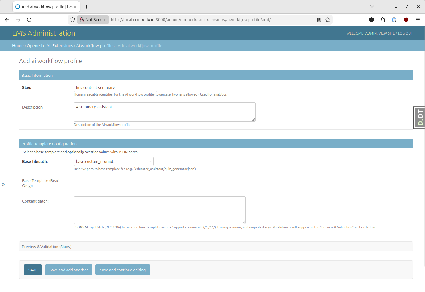 Create new profile interface