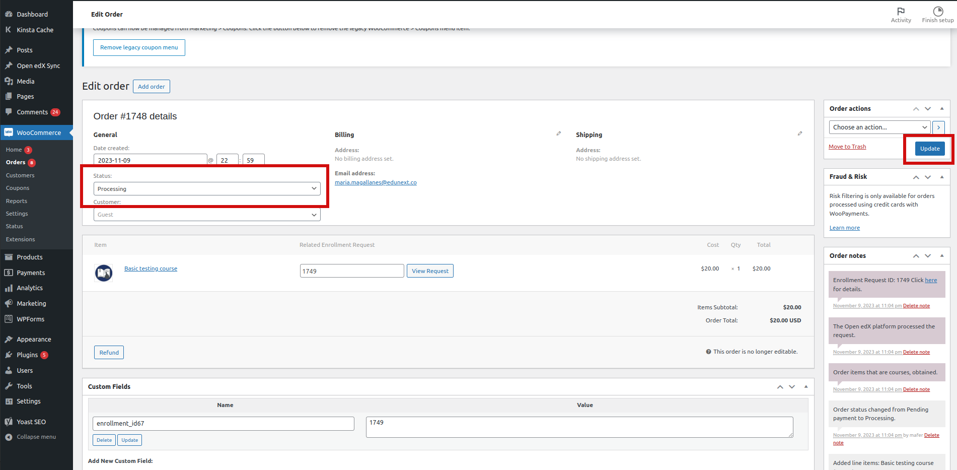 Update the WooCommerce order.